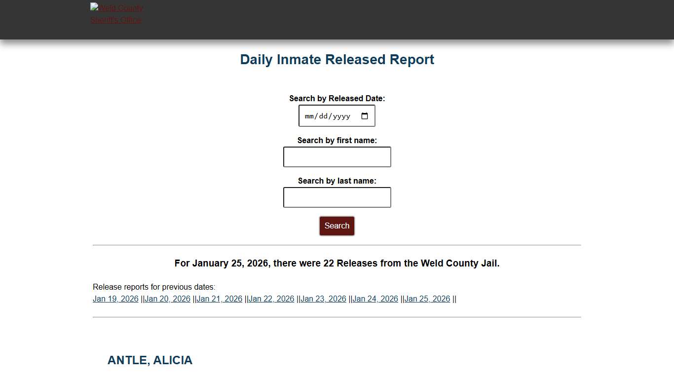 Weld County: Sheriff's Office Inmate Released Report